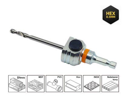 Unašeč Mandrex MX200024B s HSS pilotním vrtákem a upnutím Hex 8,5 mm pro vrtání do dřeva, plastu a kovu