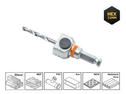 Unašeč Mandrex MX200022B s HSS pilotním vrtákem a upnutím Hex 11 mm pro vrtání do dřeva, plastu a kovu