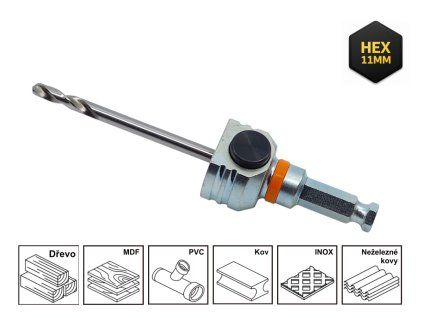 Unašeč Mandrex MX200020B s HSS pilotním vrtákem a upnutím Hex 11 mm pro vrtání do dřeva, plastu a kovu