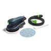 Festool ETS 1505 – obsah balení bruska, kabel plug it, imbus a brusivo (disk) na bílém pozadí